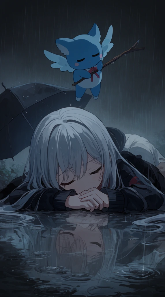 unconscious girl lying face down in a rain puddle, hovering blue winged creature holding a stick, falling umbrella, dark moody anime art, water reflection