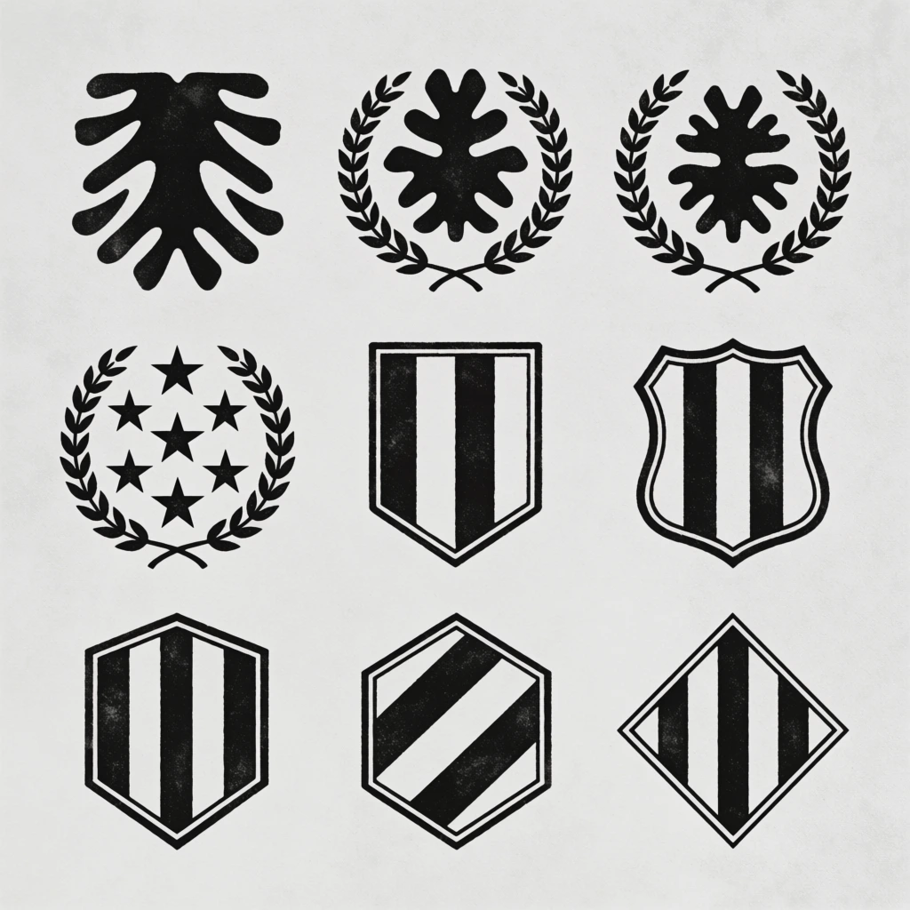 grid of nine monochrome heraldic emblems, textured light gray background, vintage crest designs, mirrored abstract silhouettes, laurel wreaths, clustered five-pointed stars, bold shields with vertical stripes, hexagonal and diamond framing, flat black ink graphic style