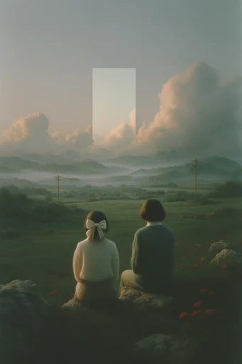 Muted Pastoral Glitch style reference image — misty overcast atmosphere