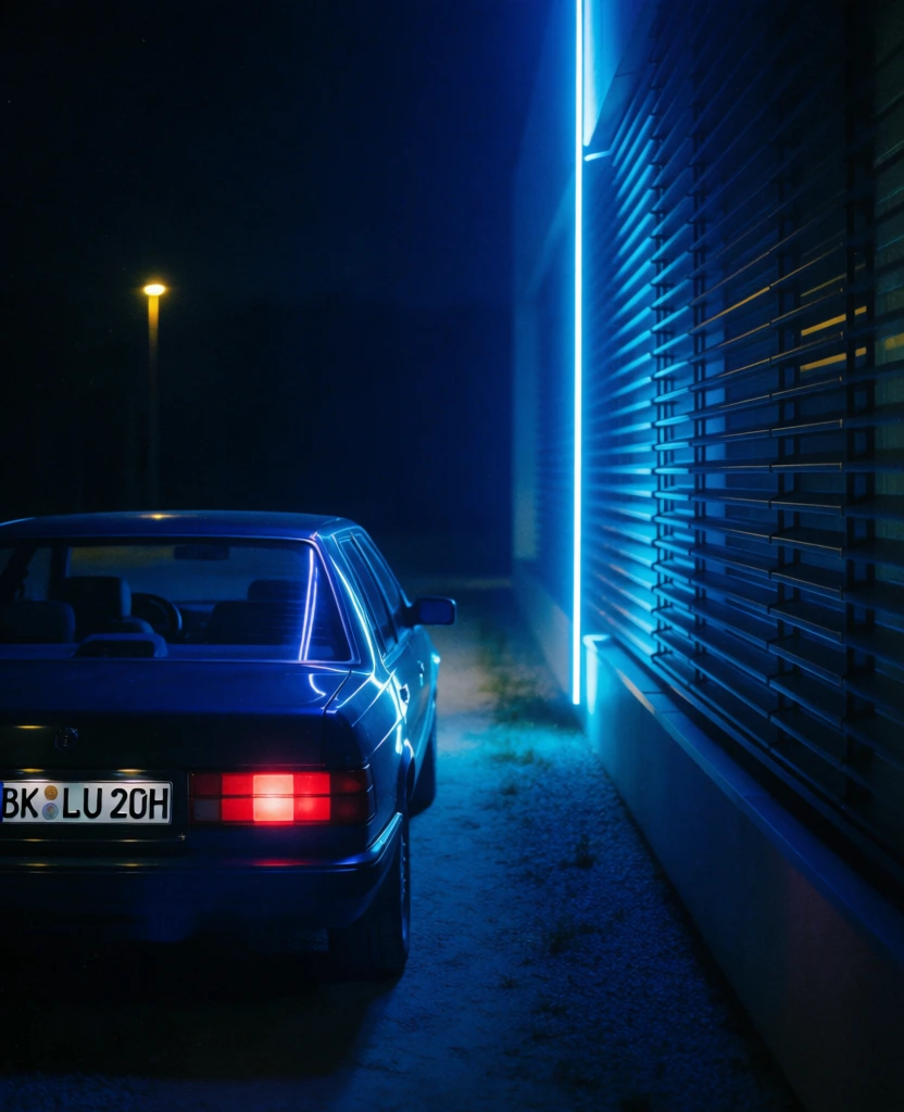 A dark sedan sits parked beside a modern building at night, illuminated by a long, vertical blue neon light and its own glowing red taillights. The car, a dark-colored vintage sedan, is positioned in the lower left quadrant, facing away from the viewer at a slight angle. Its red square taillights are illuminated, and a white license plate between them contains the black text "BK LU 20H" in a sans-serif font. To the right, a building's facade is composed of repetitive horizontal metal louvers that catch the cool light. A brilliant, thin blue neon light tube runs vertically along the building’s edge, creating a sharp diagonal line that leads the eye toward the top of the frame. The blue light casts a soft glow on the building's slats and reflects off the car's rear window and roof. A narrow gravel path separates the car from the building's base. The rest of the scene is shrouded in deep black shadows, with only a single, distant amber streetlamp visible in the far background. The composition uses a low-angle perspective, creating a cinematic and atmospheric mood with a limited color palette of deep blue, black, and accents of red and yellow. The image has a grainy texture, enhancing its nocturnal, urban aesthetic.