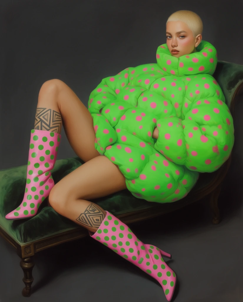 woman with a blonde buzzcut, massive neon green puffer jacket with pink polka dots, bare legs with geometric calf tattoo, pink knee-high boots with green polka dots, reclining on a velvet chaise lounge, dark charcoal background, traditional oil painting, soft lighting, surreal high-fashion
