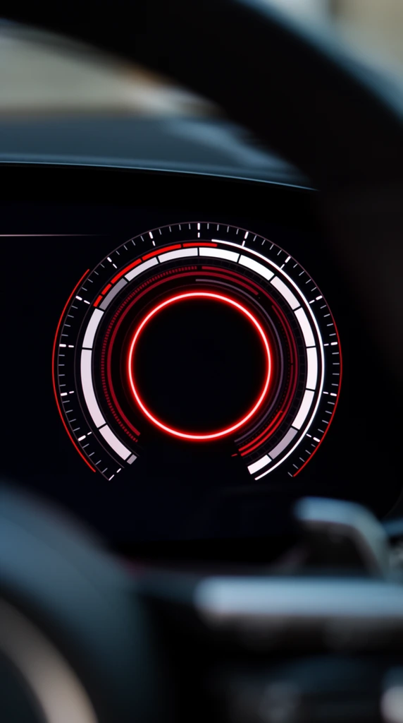 A sleek, dark digital automotive dashboard interface features a prominent illuminated circular gauge set against a deep black screen. The central dial glows with a vibrant neon red inner ring, surrounded by intricate concentric tracks and segmented arcs in crisp white and deep red. Precise, glowing tick marks border the outer edge of the main circular display. The crisp digital screen is framed by heavily out-of-focus, dark, curved physical elements in the extreme foreground, creating a tight framing. The composition utilizes macro photography with an extremely shallow depth of field to draw sharp focus exclusively to the luminous rings of the central gauge. The moody, high-contrast lighting emphasizes a futuristic aesthetic, highlighting the pure white and vivid red luminescence against the deep surrounding shadows.