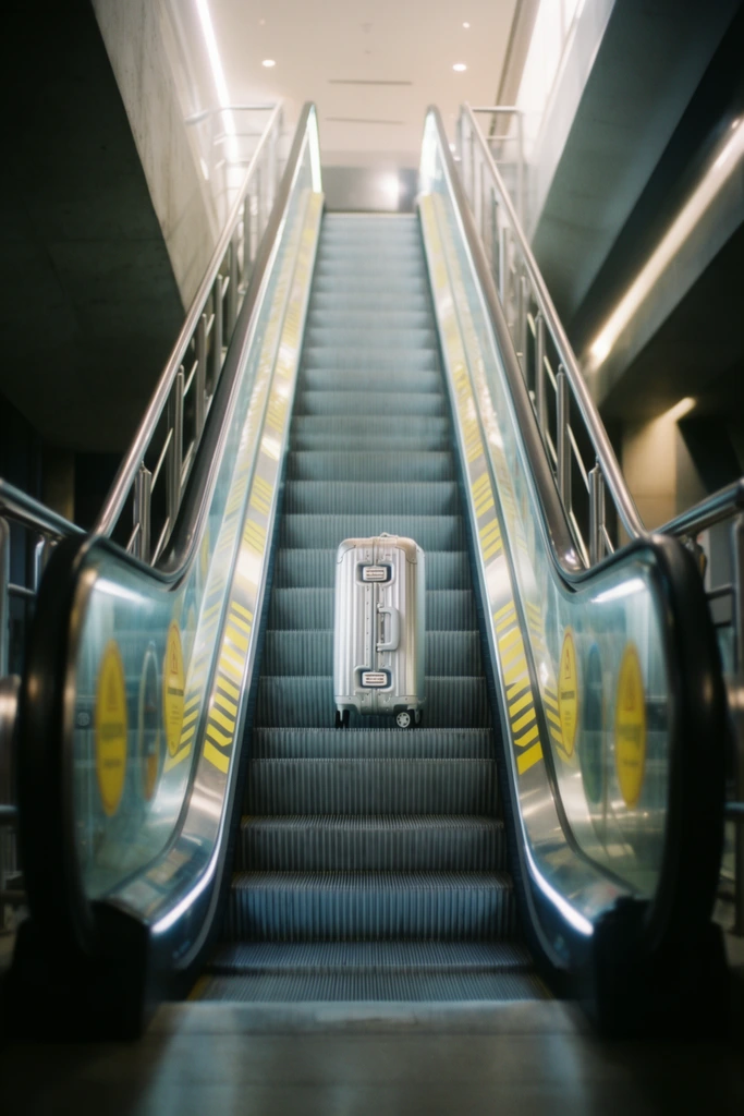A silver hard-shell suitcase stands isolated midway up an ascending modern escalator. The ribbed metallic stairs carry the upright luggage between thick black rubber handrails curving to the floor. Clear side panels flanking the steps display round yellow safety decals and diagonal yellow chevron stripes, bordered by stainless steel vertical railings. The surrounding architecture features stark concrete surfaces and a luminous overhead ceiling. Captured from a low-angle, symmetrical perspective, strong diagonal leading lines converge at the brightly illuminated upper landing. Cinematic lighting casts gleaming reflections across the polished aluminum casing and the textured step treads. A shallow depth of field softly blurs the darkened foreground and distant upper corridor, keeping the solitary luggage sharply focused within a cool, atmospheric color palette exhibiting a subtle optical bloom.