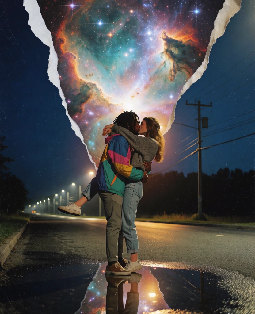 A couple kisses on a dark street while a jagged tear in the night sky behind them reveals a brilliant, multi-colored cosmic nebula. In the center foreground, a man with dark dreadlocks and a woman with long light-brown hair are locked in a passionate embrace. The man, wearing a colorful windbreaker with blocks of blue, pink, yellow, and green over grey trousers and brown sneakers, lifts the woman as they kiss. She wears a textured grey knit sweater and light blue denim jeans rolled at the cuffs, with her arms around his neck and her legs wrapped around his waist. They stand on a dark asphalt road, and their reflection is visible in a large, still puddle at their feet, which also mirrors the celestial light from above. In the background, a row of streetlights recedes into the distance along a dark tree line under a deep blue night sky. To the right, a utility pole stands with power lines stretching across the frame. Dominating the upper center is a massive, irregularly shaped tear with jagged, paper-like edges that reveals a luminous galaxy within. This cosmic window is filled with countless stars and swirling clouds of teal, violet, orange, and white light, emanating from a bright point just behind the couple's heads. The image utilizes a surreal, digital collage aesthetic with a grainy, film-like texture and a high-contrast lighting scheme where the radiant nebula serves as the primary light source, casting a warm glow on the subjects and the road.