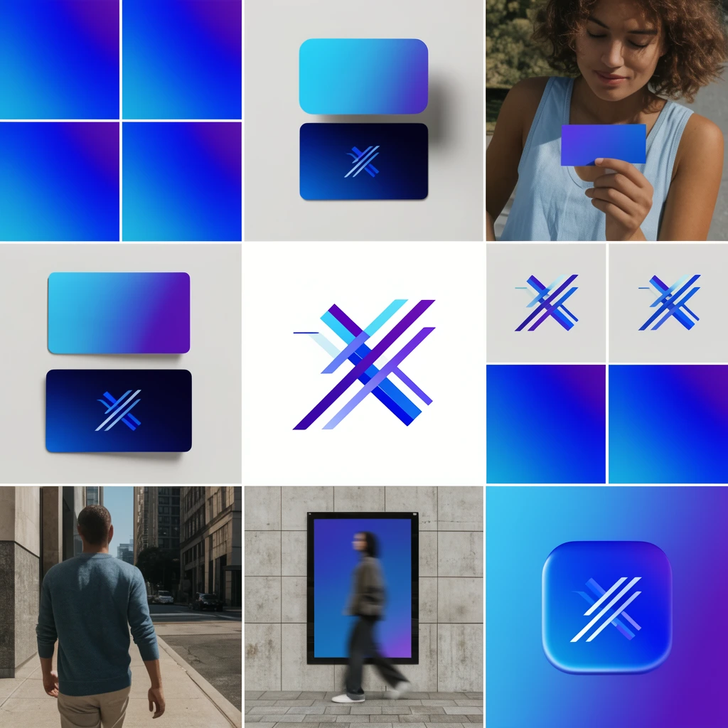 modern brand identity presentation board in a grid layout, vibrant electric blue cyan and deep purple gradient color palette, colorful square swatches, stationery mockups with floating business cards, urban poster mockup featuring a motion-blurred walking person, abstract geometric logo of intersecting angled lines, rounded interface elements, lifestyle photography tiles, sleek minimalist aesthetic, professional design portfolio showcase