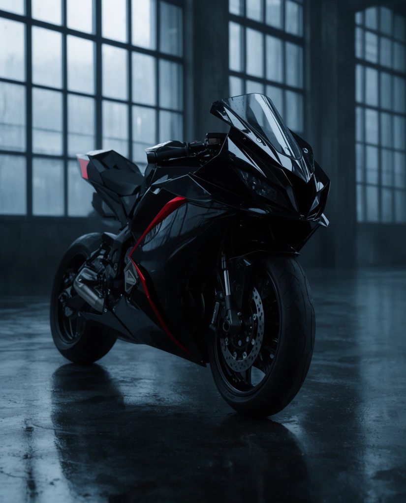 aggressive black sport motorcycle with subtle red accent, glossy angular fairings, dark polished concrete floor, towering grid windows, cool overcast lighting, moody cinematic industrial atmosphere