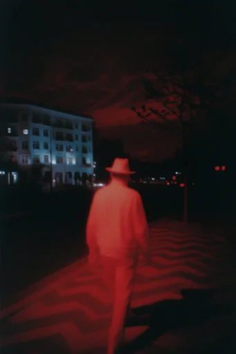Nocturnal Crimson Noir style reference image — heavy analog film grain