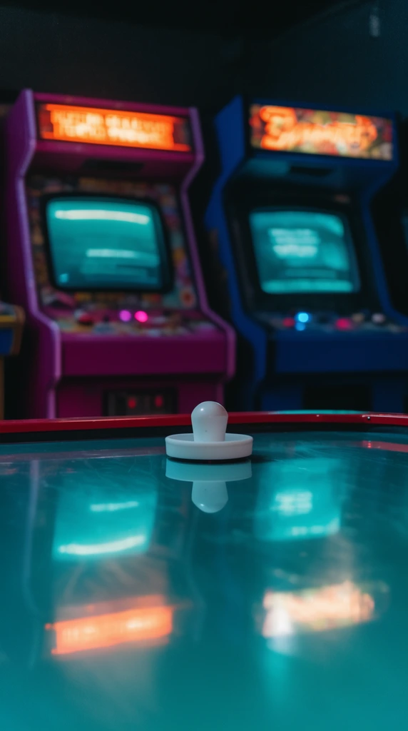 A low-angle view across a glossy teal air hockey table reflecting glowing arcade cabinets in a dark room. A white striker rests on the red-trimmed edge. The slick surface perfectly mirrors the luminous vintage machines behind it. The left cabinet features a magenta chassis, and the right is deep blue. Both display vibrant orange marquees and glowing cyan CRT screens. Cinematic lighting highlights a moody cyan and magenta synthwave color palette with a shallow depth of field.