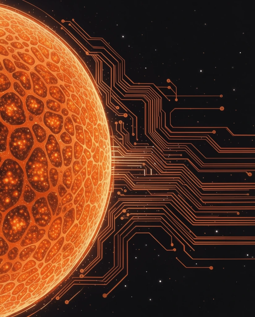 A massive, luminous orange celestial sphere dominates the left edge, radiating intricate technological beams into a deep black void. The sphere's surface features a dense, organic pattern of interconnected cellular shapes and glowing granules in vibrant amber hues. Extending outward from its curved right boundary is a sprawling network of copper-colored lines mimicking a complex printed circuit board. These rigid, geometric pathways travel in parallel tracks, making sharp right-angle turns and terminating in small circular nodes. The stark black background is speckled with tiny, luminous white dots resembling distant stars or floating energy particles. The composition merges techno-organic aesthetics with a cosmic scale, utilizing a high-contrast digital illustration style with precise vector-like rendering and a fiery warm color palette against absolute darkness.