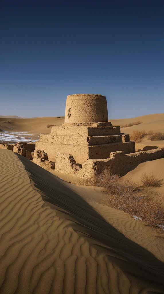 An ancient, tiered mudbrick ruin stands partially buried amidst sweeping sand dunes under a deep blue gradient sky. The eroded monument features a cylindrical top on a wider, stepped rectangular base, enclosed by crumbling perimeter walls. A sharply shadowed, wind-rippled sand dune dominates the left foreground, leading toward the central structure. Sparse clusters of brittle brown scrub brush dot the ochre sand, while a faint streak of white frost accents the distant valley. Direct sunlight emphasizes the rich tan textures of the sun-baked architecture against the cloudless atmosphere.