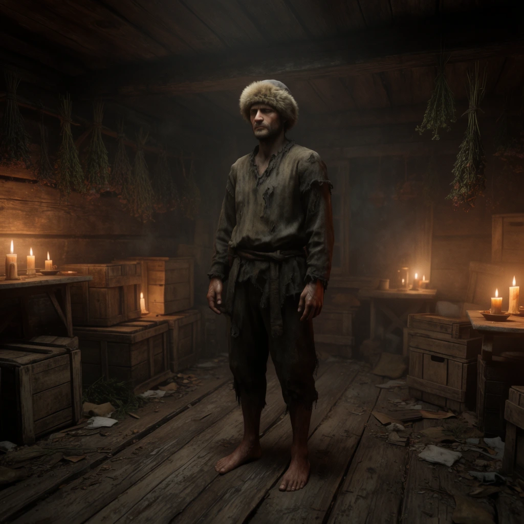 barefoot man in ragged clothes and fur hat standing motionless, gloomy wooden cabin interior, stacked wooden crates and small tables, hanging dried herbs, scattered debris on plank floor, sparse illumination from flickering candles, volumetric haze, deep shadows, low-key lighting, highly detailed 3D render, cinematic wide-angle, grim atmospheric aesthetic, earthy tones, warm orange firelight
