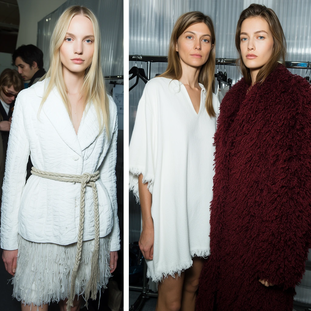 side-by-side diptych, backstage fashion photography, left panel featuring a fair-skinned blonde woman in a textured white jacket cinched with a braided rope belt over a fringed skirt, right panel showing two women standing together, one in a loose white tunic with frayed edges and another in a voluminous shaggy burgundy coat, metal clothing racks with black hangers, translucent corrugated plastic backdrop, blurred background figures, bright direct flash lighting, candid documentary style, natural makeup, straight hair