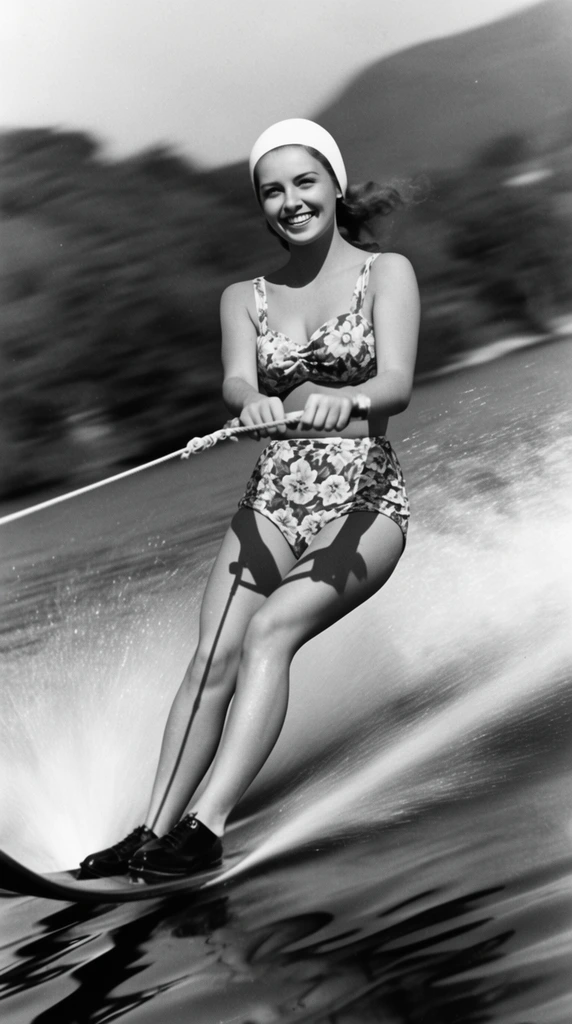smiling woman water skiing, vintage black and white film still, floral bikini, white swim cap, gripping tow rope, water wake, motion blurred background hills, tilted angle