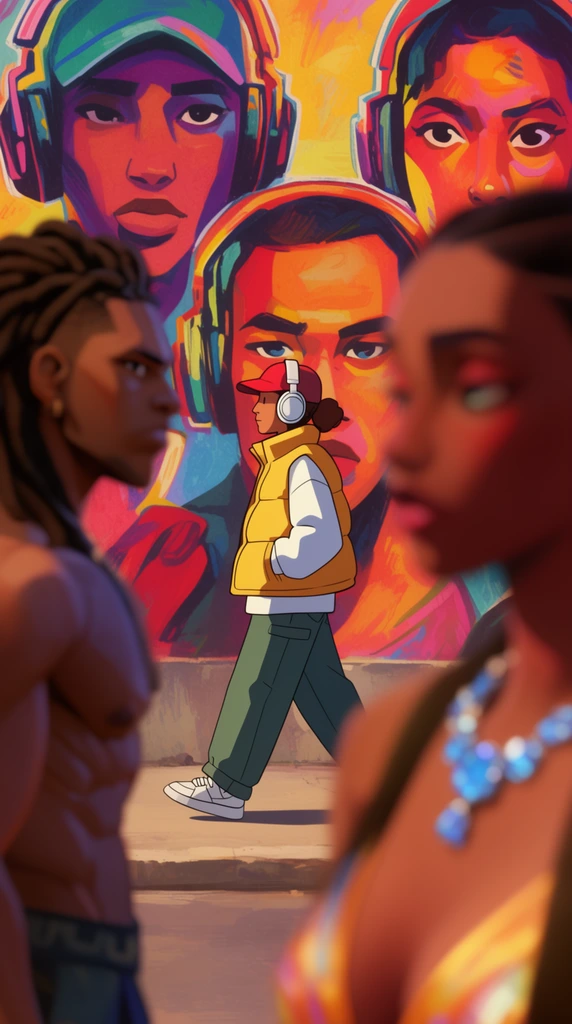 A person in a puffer vest and headphones walks past a colorful mural depicting faces wearing headsets. Two blurred figures frame the foreground: a muscular person with dreadlocks left, and a figure wearing a blue gemstone necklace right. Vibrant 2D animated cinematic style with shallow depth of field.