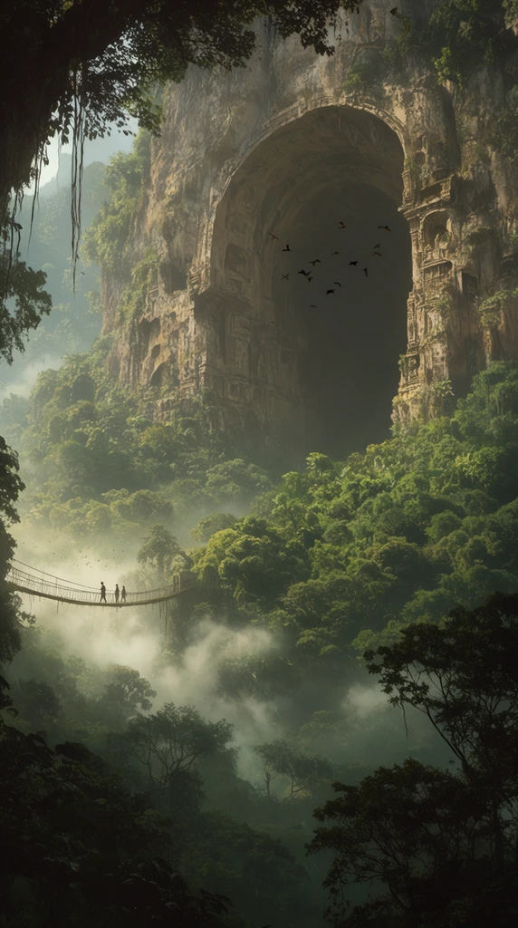 A colossal arched cave entrance carved into a sheer stone cliff dominates a vast lush jungle landscape. Dense green foliage blankets the mountainous terrain leading toward the towering shadowy cavern. On the left side a delicate rope bridge spans a misty chasm where tiny silhouetted figures cross. Thick fog drifts through the deep forested valley below catching soft natural light. A flock of dark birds flies toward the gaping opening. Weathered architectural remnants are carved into the rock face surrounding the archway. Dark silhouettes of foreground trees and hanging vines frame the scene emphasizing the massive cinematic scale and highly detailed matte painting aesthetic of this ancient atmospheric environment.