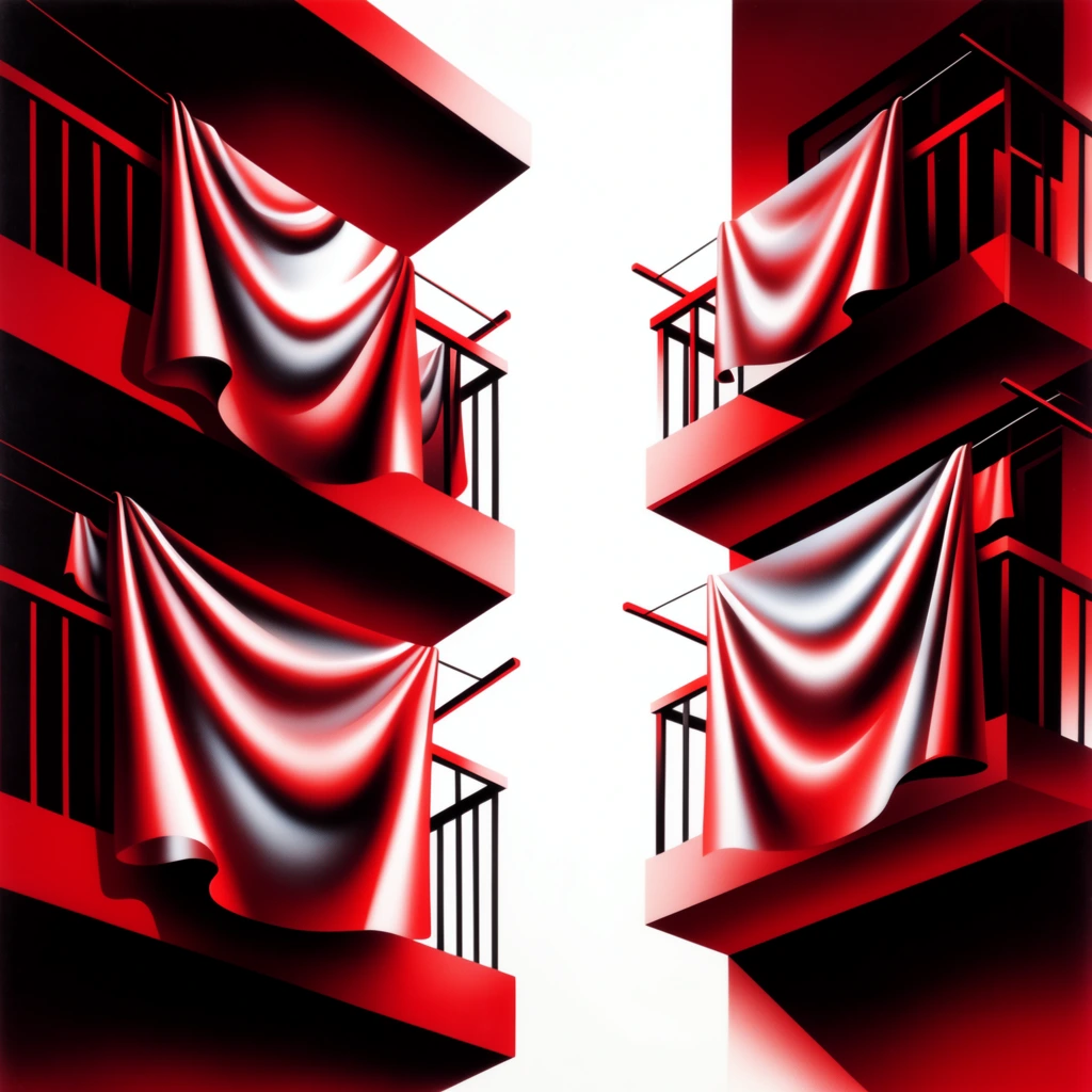 Two towering buildings with sharp geometric balconies draped in sweeping sheets of laundry, executed in a sleek, high-contrast Art Deco airbrush illustration style. The architectural structures and hanging fabrics are rendered exclusively in a strict palette of deep crimson reds, rich pitch blacks, and brilliant whites set against a pure, blown-out white background. Forms and depth are defined entirely by dramatic, gradient-heavy chiaroscuro shading and contrasting color blocks. The draped laundry cascades in ultra-smooth, stylized curves featuring intense, glossy specular highlights that give the fabric a highly polished, metallic sheen. Deep black shadows plunge into the recesses of the balconies, while the vivid crimson edges of the buildings and textiles exhibit a soft, luminous glow where they intersect the stark white negative space, completing a pristine, streamlined 1930s visual aesthetic.