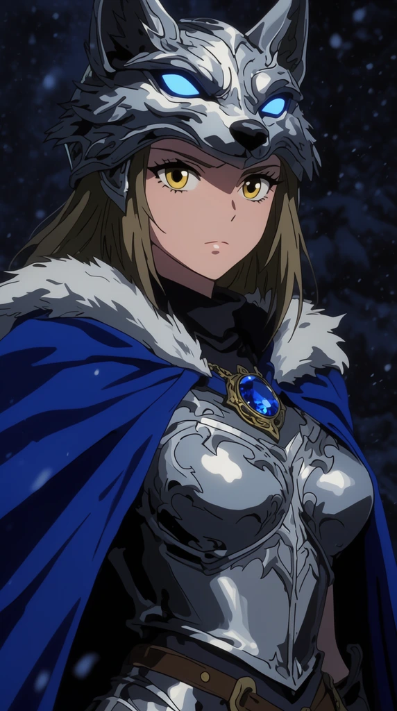 female anime warrior, silver wolf-eared helmet, blue cape, sapphire amulet, silver tunic, golden eyes, dark snowy night, 2D animation style