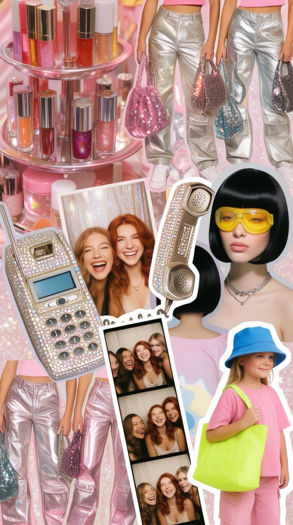 A maximalist nostalgic scrapbook collage bursting with pastel pinks, silver metallics, and glitter. Overlapping photo cutouts feature a tiered cosmetic tray filled with glosses, a rhinestone-encrusted vintage sliding phone, and a photo booth strip of a laughing redhead. Densely layered around these are repeating stylized fashion cutouts: torsos in metallic cargo pants holding sequin bags, a woman wearing a sleek black bob and yellow goggles, and a girl in a blue bucket hat carrying a neon tote. The chaotic, densely layered composition radiates vibrant pop-culture glamour.