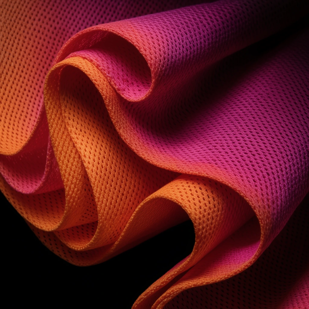 Abstract macro photography of folded athletic mesh fabric cascading in an asymmetrical, diagonal wave. Sweeping, overlapping layers of the porous textile feature a pronounced perforated, knitted texture. The material exhibits a vibrant color gradient, shifting from bright tangerine at the crisp, undulating edges to deep magenta in the dense, recessed shadows. The tightly woven grid of the fabric creates subtle moiré patterns where the thick folds intersect. Dramatic, moody directional studio lighting highlights the volumetric curves and the tactile, breathable quality of the mesh against a pitch-black background, emphasizing its complex structural rhythm and deep contrasts.