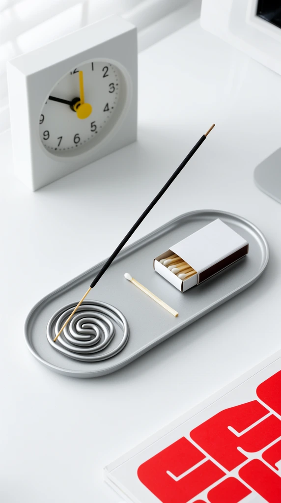 A matte silver pill-shaped tray rests on a bright white desk. An angled incense stick sits in a spiraled wire base on the tray, alongside an open matchbox holding white-tipped matches and one loose match. A minimalist white square analog clock with a yellow hand occupies the upper left background. The lower right shows the corner of a publication featuring bold red graphics. The high-angle composition utilizes bright, even lighting to emphasize a clean, minimalist, and modern aesthetic.