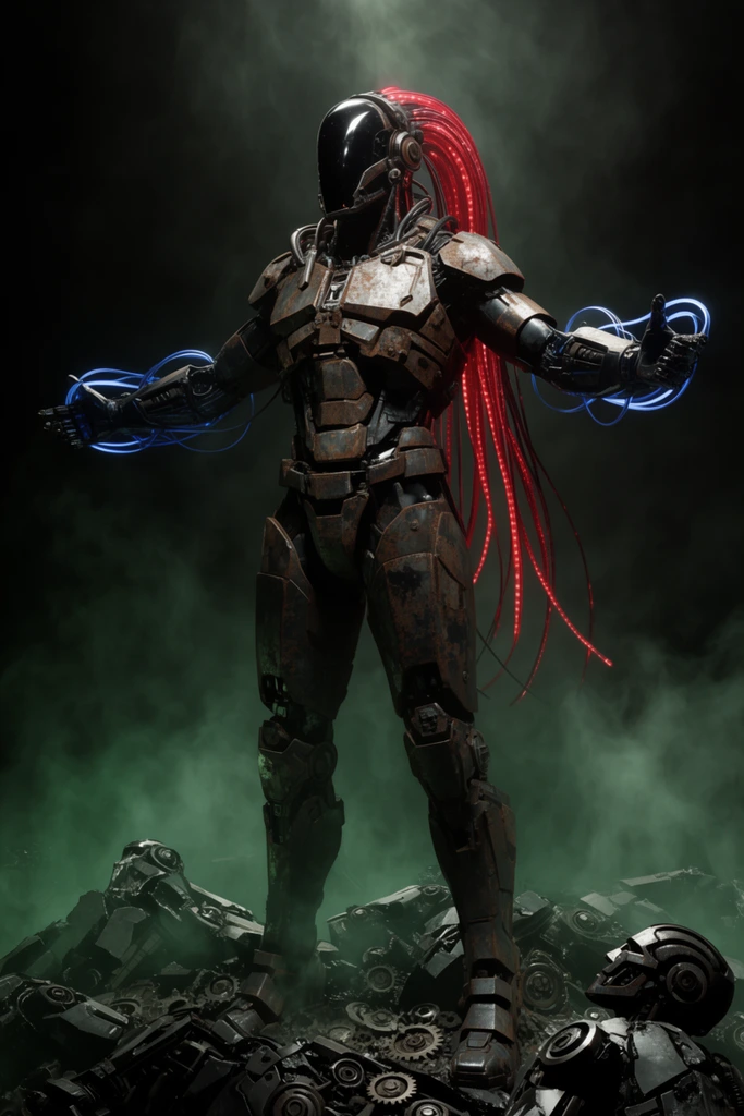 A towering cyborg warrior stands with arms outstretched above a pile of shattered robotic sentinels. The figure wears rusted cyberpunk plate armor and a sleek obsidian visor with thick red fiber-optic cables cascading down the back. Blue energy whips extend from the armored forearms. Dense swirling green fog and deep shadows envelop the dark sci-fi scene. Harsh overhead cinematic lighting highlights the metallic textures and broken mechanical gears beneath the warrior's boots in a dramatic low-angle composition.