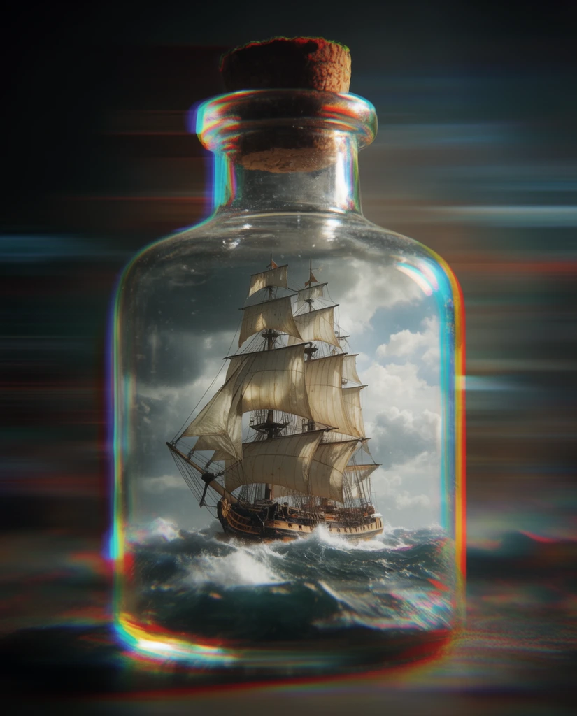 Clear glass bottle with cork enclosing a detailed vintage sailing ship, ship navigating rough ocean waves under cloudy sky, heavy chromatic aberration along bottle edges, red cyan and yellow color shifts, glitch art aesthetic, horizontal motion blur, photorealistic miniature interior scene, dark abstract background, surreal optical distortion, cinematic lighting
