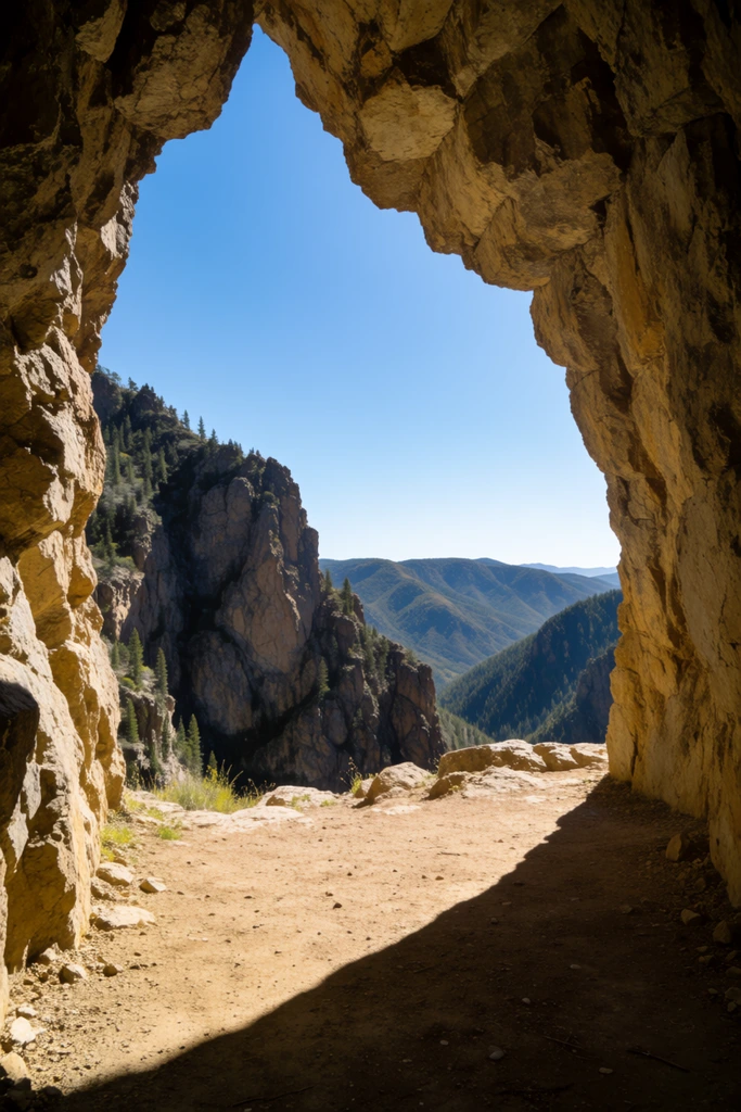 A rugged cave interior frames a vast mountain canyon under a bright blue sky. Jagged, sunlit yellow-brown rock walls and a dirt floor cut by a sharp diagonal shadow form a natural archway. Outside, steep stone cliffs dotted with evergreens drop into a deep valley, rolling mountains fading into the distance. High-contrast natural daylight.