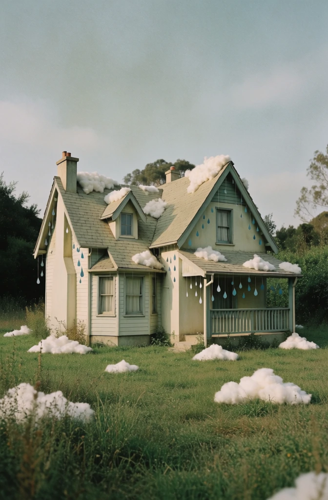 whimsical wide shot of a two-story house with a complex roofline featuring several gables, situated in an open grassy field under a soft overcast sky, surrealist diy prop aesthetic with fluffy cotton clouds on the roof and scattered in the grass, flat blue paper raindrops suspended from eaves by thin wires, muted desaturated palette of cream and sage, natural diffused light, film photography style with fine grain, ethereal and hand-crafted quality, nostalgic dreamlike atmosphere