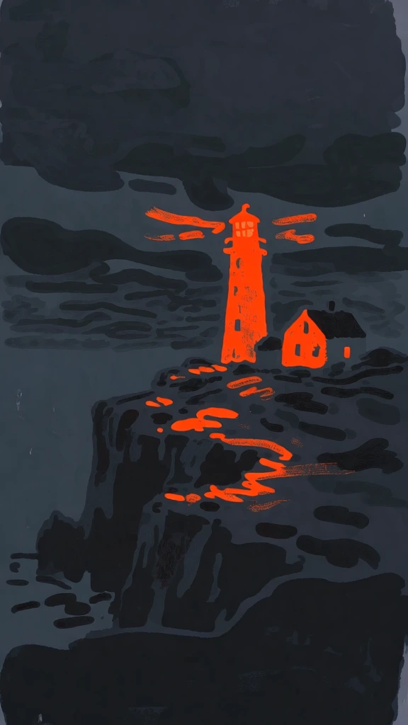 minimalist graphic illustration style, painterly gouache textures with expressive brushwork, high-contrast palette of deep charcoal and midnight blue-gray, vibrant neon safety orange light emanating from a lighthouse on a rugged cliff next to a small house, simplified flat shapes, atmospheric moody evening sky with dark horizontal clouds, screenprint aesthetic, vertical composition, vivid orange highlights reflecting on the landscape in bold gestural strokes.