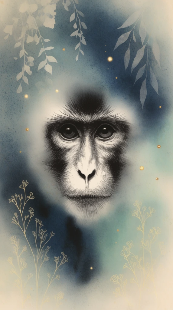 A monkey face facing forward, rendered as a vintage storybook lithograph. The face features detailed, high-contrast black and white graphite textures blending into soft, sfumato edges. The background is a mottled, grainy parchment coated in deep slate blue and misty teal watercolor washes. Translucent, pale botanical silhouettes drape from the top framing, while tiny glowing golden orbs float nearby. Delicate, pale yellow line-drawn flora accent the softly shadowed foreground under diffused, ethereal lighting.