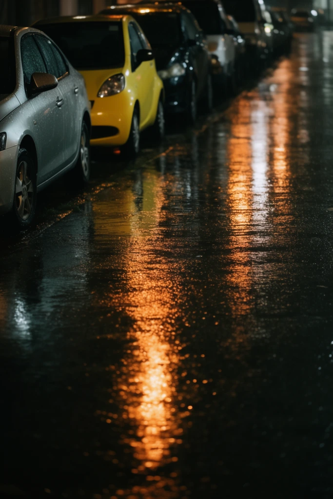 A low-angle urban night photograph focusing on a rain-slicked asphalt street acting as a dark mirror for vibrant ambient lights. Long rippling columns of warm amber and cool white light stretch across the wet foreground pavement. Along the left edge a row of parked vehicles sits in the dark with water droplets visible on the nearest silver sedan. Further down the line a bright yellow compact car stands out among darker vehicles. The cinematic composition uses a shallow depth of field keeping the luminous highly textured wet road sharp while the receding line of cars gently softens into the moody atmospheric background.