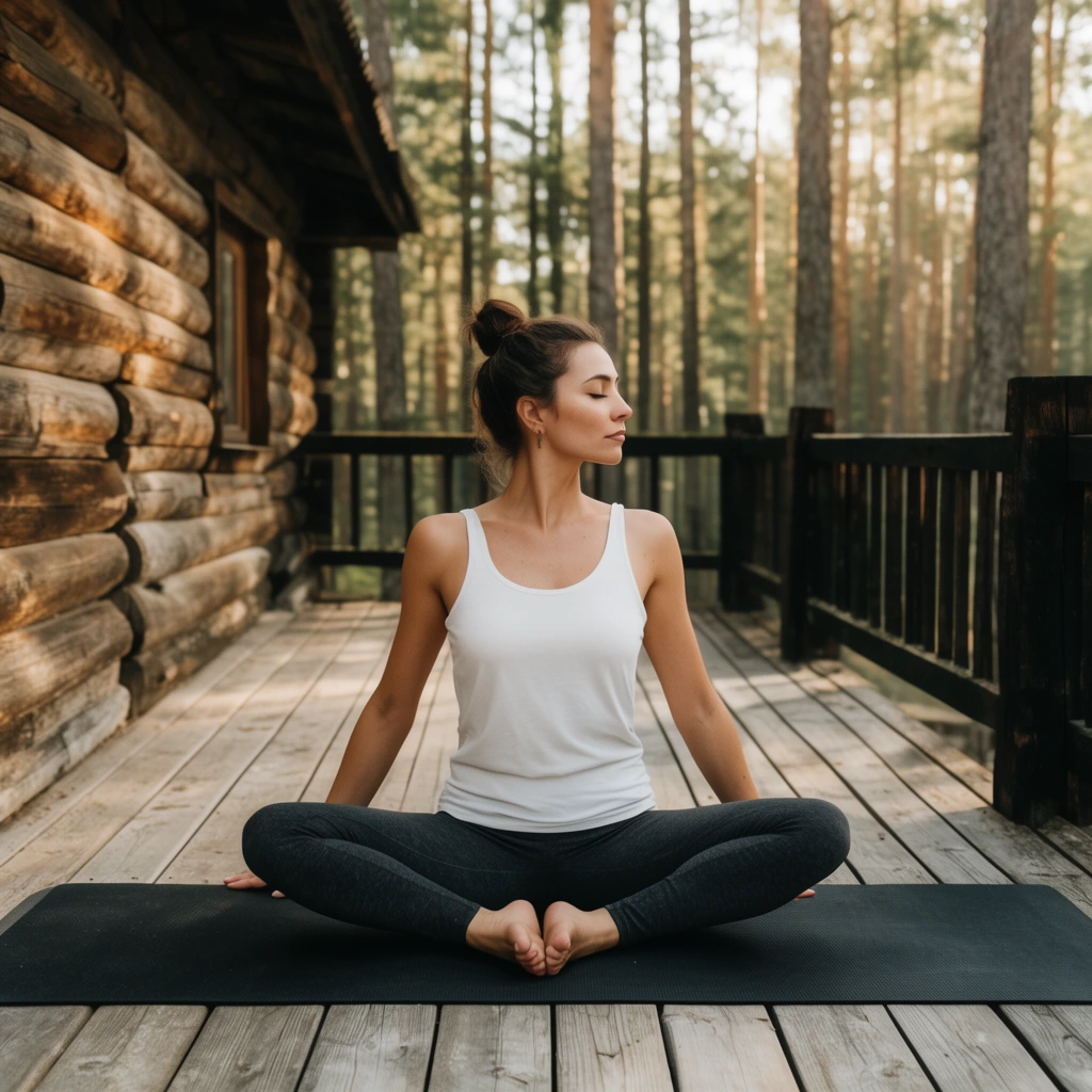woman sitting in a butterfly yoga pose on a black mat, white tank top, dark grey leggings, arms extended downward, head turned right with eyes closed, wooden deck of a rustic log cabin, dark wooden railing, sunlit pine forest background, warm natural lighting, lifestyle photography
