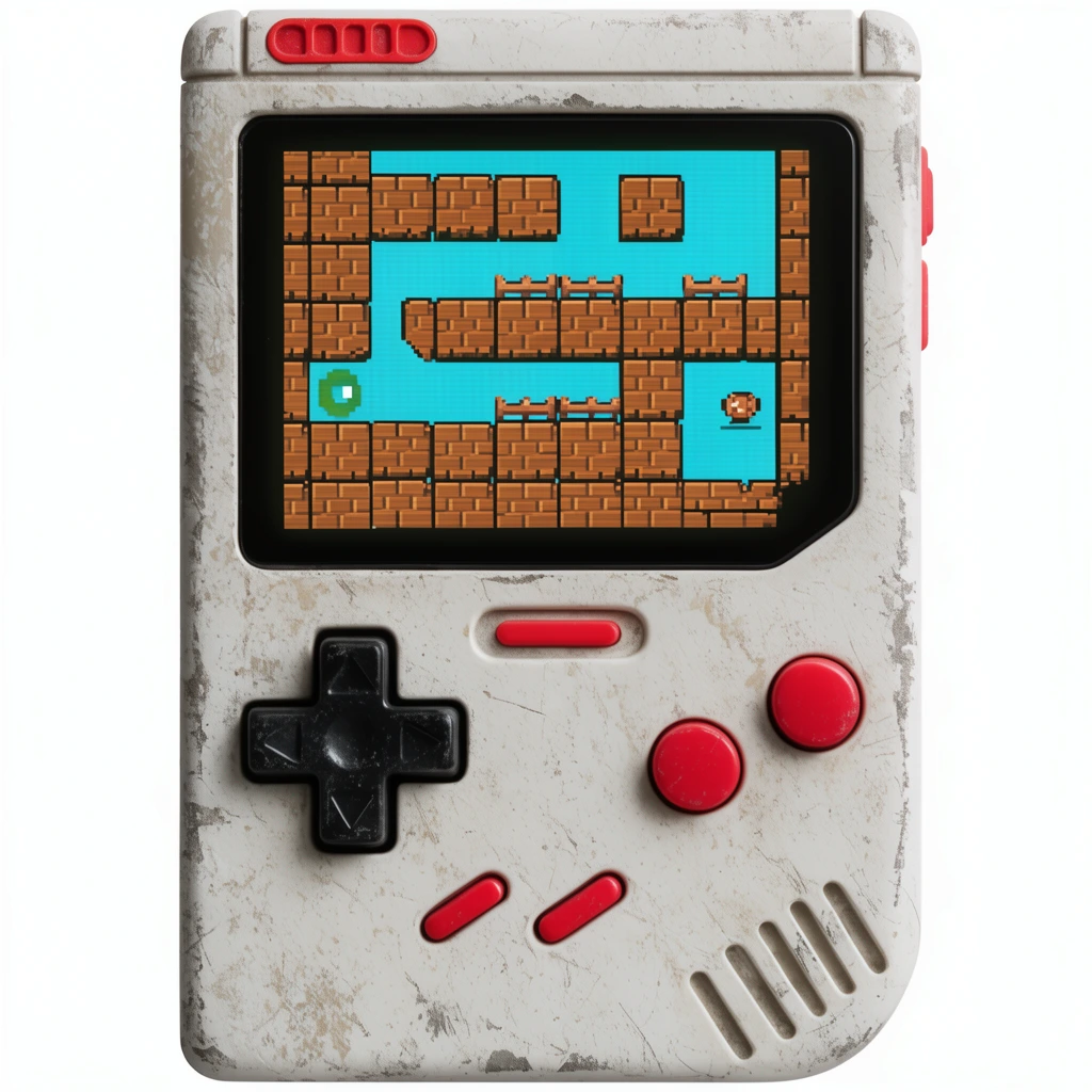 A weathered, off-white blocky handheld gaming console against a white background. The scuffed plastic device features a black directional pad, red buttons, and red accents. A bright screen displays a pixelated 8-bit game level with brown platforms and cyan areas.