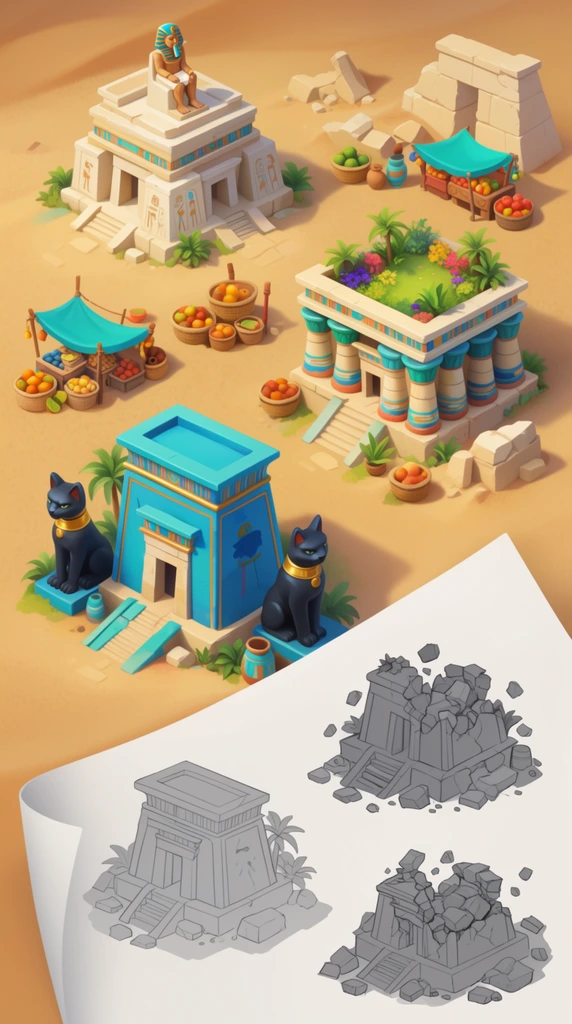 An isometric presentation of stylized ancient Egyptian architectural assets arranged on a smooth sandy desert ground. The vibrantly colored 3D structures include a multi-tiered white sandstone temple topped with a seated pharaoh, a square building featuring a rooftop garden and teal-banded columns, and a bright blue temple guarded by two large black cat statues with golden collars. Market stalls with turquoise canopies, woven fruit baskets, and broken stone ruins populate the upper section. A large white paper sheet overlays the bottom right corner, displaying three developmental grayscale line-art sketches of the cat temple gradually decaying into rubble. The brightly lit scene utilizes a saturated color palette of turquoise, bright blue, terracotta, and gold, rendered with a clean, smooth aesthetic characteristic of casual strategy game concept art.