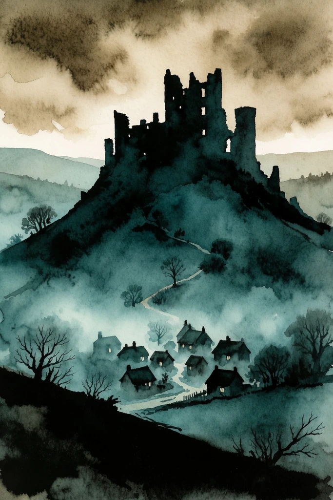 A massive, jagged silhouette of a ruined castle looms atop a steep hill in a moody watercolor landscape. Painted in atmospheric washes of deep teal, the hill slopes down to a tiny village nestled in a misty valley. A faint winding path connects the fog-shrouded cottages to the imposing fortress. Stark black foreground terrain and barren branches contrast against a textured, sepia-toned cloudy sky.