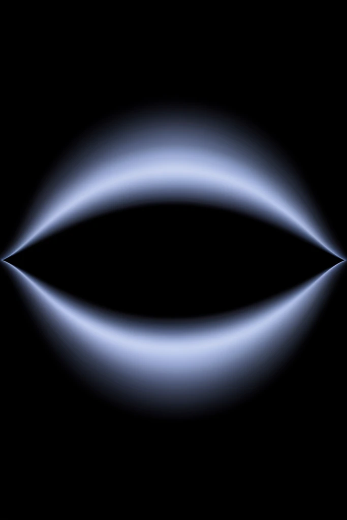 Two symmetrical sweeping arcs form an abstract elongated eye shape against a pure black background. The smooth curves emit a soft ethereal pale blue gradient glow tapering to sharp horizontal points, producing a sleek futuristic aesthetic reminiscent of a luminous cosmic eclipse.
