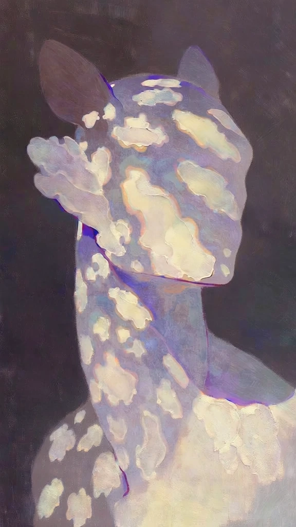 bust of a deer-like creature with petal-shaped organic structures, dappled komorebi lighting, painterly oil-on-canvas texture with heavy visible brushstrokes, muted palette of dusty lavender and desaturated violet shadows, vibrant cream and pale yellow highlights, moody charcoal-purple background, impressionistic and ethereal aesthetic, tactile impasto details, soft-focus edges, intimate close-up composition, light and shadow play defining the anatomy.