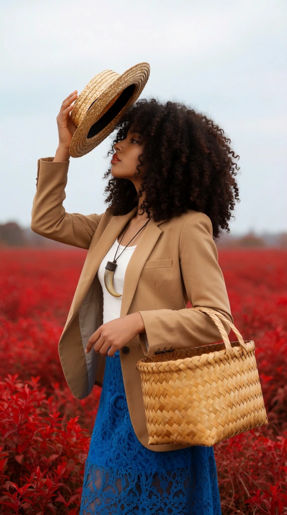 young woman in profile touching straw hat, voluminous dark curly hair, holding woven basket, tan blazer, blue lace skirt, horn necklace, vibrant red foliage field, soft overcast sky