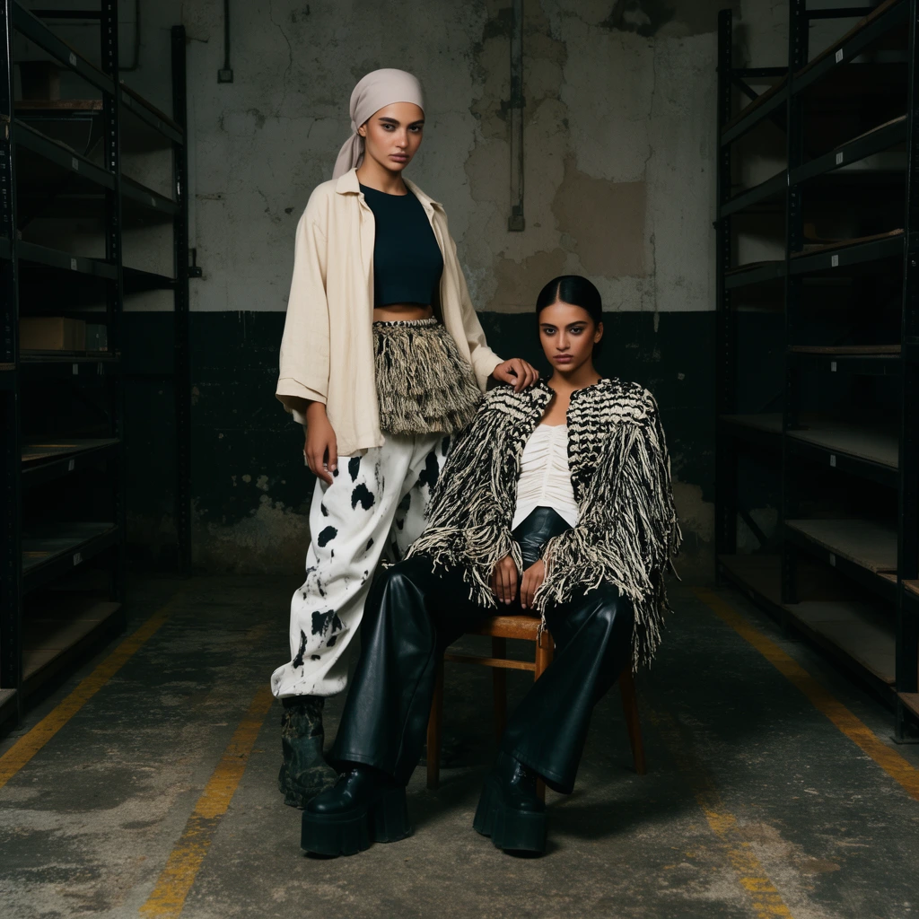 Two women pose in avant-garde garments inside a dimly lit industrial warehouse. The standing woman wears a pale headscarf, a loose cream overshirt over a dark crop top, a textured fringed waist accessory, loose white pants with black splotches, and chunky dark boots. She rests her hand near her seated companion. The woman on the wooden chair models a voluminous black-and-white fringed woven jacket, a white ruched top, wide-leg black leather trousers, and massive platform boots. Both direct intense, neutral gazes at the camera. Tall black metal shelving racks frame them within the gritty space, which features a concrete floor with faded yellow lines and a distressed two-toned wall. The editorial fashion photography utilizes crisp front lighting to highlight the highly textured, high-contrast silhouettes against the raw, decaying architectural background.