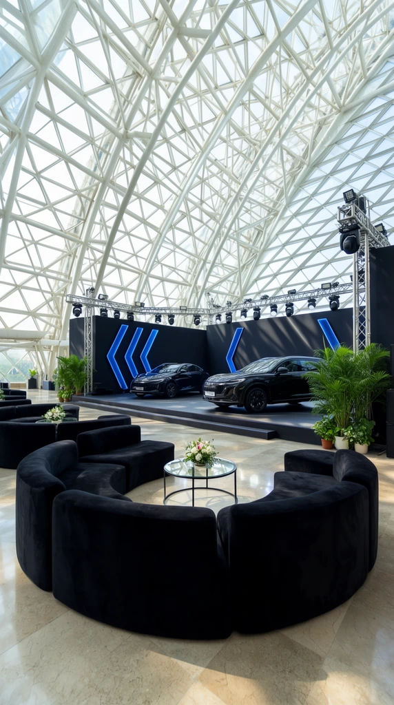 A spacious indoor event setup situated within a monumental modern atrium defined by an intricate white steel truss system and expansive triangular glass roof panels flooding the polished stone floor with bright natural sunlight. In the foreground, a viewing area features plush, curved black velvet modular sofas forming semi-circles around small glass-topped coffee tables with floral centerpieces. This seating arrangement faces a raised presentation stage displaying two sleek, dark modern vehicles. The stage is backed by tall black walls illuminated by glowing blue chevron-shaped light fixtures, complemented by professional stage lighting rigs mounted on metal towers and lush green potted palm plants positioned at the platform edges.