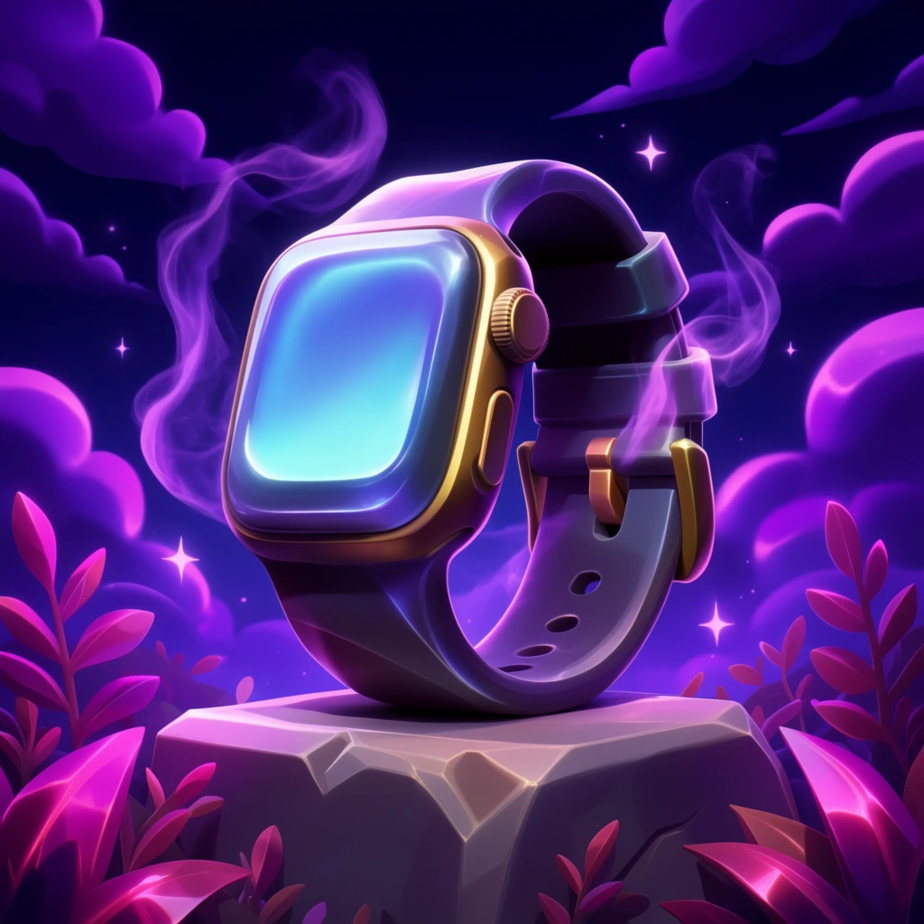 A single smartwatch with a thick, sculpted band rendered in a vibrant, highly polished 3D fantasy video game art style. The watch features smooth, slightly exaggerated geometry with a matte finish and vibrant gold accents, its screen radiating an intense, cool cyan bioluminescent glow. The timepiece rests upon a chunky, angular stone pedestal with heavy bevels, surrounded by stylized, glowing magenta foliage. Wispy, ethereal purple smoke curls gracefully around the watch face and band, catching dramatic, high-contrast rim lighting. The deep midnight blue background is filled with voluminous, stylized neon purple clouds and scattered, sparkling four-point star motes. The entire composition utilizes a rich jewel-toned color palette of deep violet, intense magenta, and luminous cyan, achieving a slick, sculpted digital aesthetic with deep shadows and luminous magical energy effects.