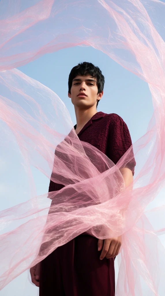 A low-angle fashion portrait of a dark-haired male model standing against a clear light blue sky. He wears a textured maroon short-sleeve shirt and dark burgundy trousers. Large swaths of translucent, crinkled light pink organza blow dynamically across the foreground, creating sweeping organic framing lines that partially veil his figure. Soft natural sunlight illuminates the delicate floating fabric, contrasting vividly with the dark garments and cool sky.