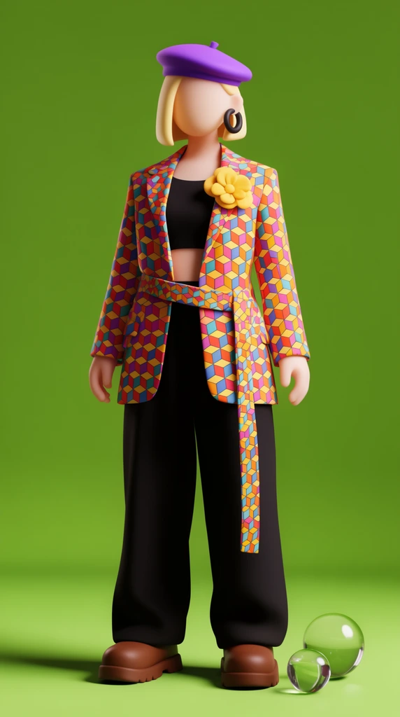 A 3D-rendered faceless humanoid with a blonde bob and purple beret stands against a seamless vibrant green backdrop. The stylized figure wears a brightly colored isometric-cube-patterned blazer with a matching dangling belt, a black crop top, loose black trousers, and chunky brown shoes. Accents include a yellow lapel flower and a large black hoop earring. Soft studio lighting casts a deep shadow to the left, illuminating two transparent glass spheres resting by the figure's feet.