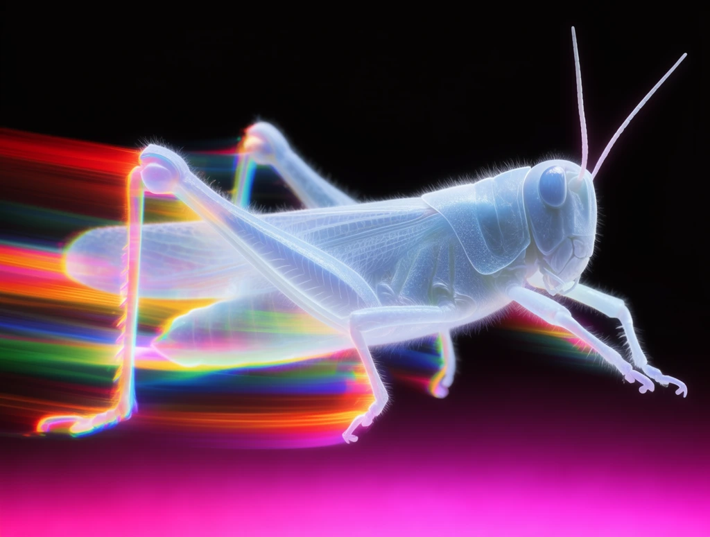 Glowing pale blue grasshopper in mid-leap, ethereal translucent body covered in fine fuzzy textures, dynamic horizontal movement, intense rainbow-colored motion blur extending from hind legs, vibrant light streaks of red orange yellow green and blue, chromatic aberration digital glitch effect, pitch black background transitioning to bright magenta gradient at the bottom edge, high contrast neon aesthetic, macro digital art, long exposure light painting effect