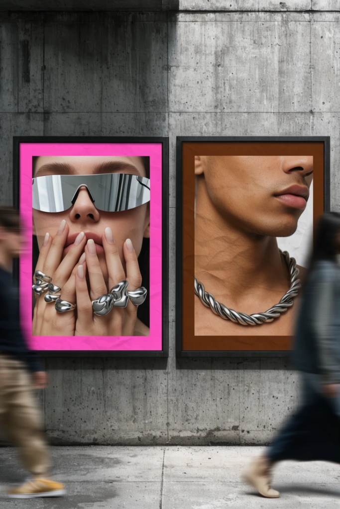 Two illuminated posters on a raw concrete wall display fashion portraits, contrasted against motion-blurred pedestrians walking past in opposite directions. The left poster features a vibrant pink border framing a face wearing silver wraparound mirrored sunglasses and chunky sculpted rings. The right poster shows a rich brown border around a sharply defined jawline wearing a thick twisted silver chain. Both static posters exhibit a subtle crumpled paper texture that stands out amidst the dynamic foreground movement and brutalist industrial environment.