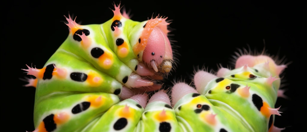 vivid green and yellow caterpillar curled in a crescent, black and orange eyespots, spiky fleshy protrusions, fine hairs, pinkish head, extreme macro photography, pure black background, sharp focus