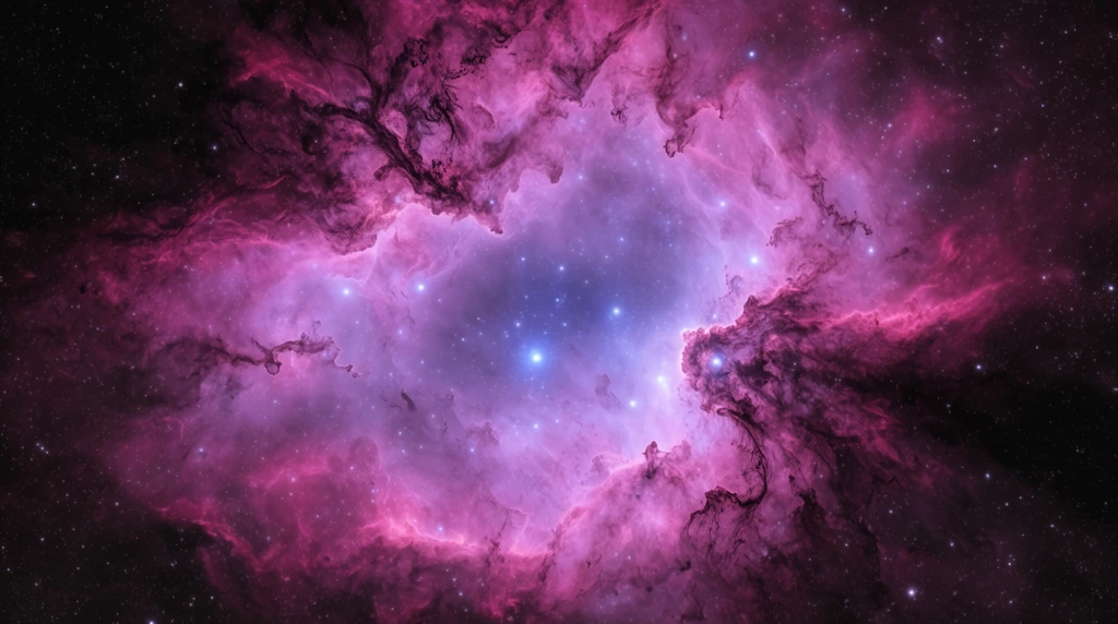 Vibrant magenta and lavender deep space nebula, glowing cosmic gas clouds, central hollow illuminated by bright blue stars, intricate dark dust filaments weaving through luminous structure, scattered white stars against pitch-black space, astrophotography, ethereal