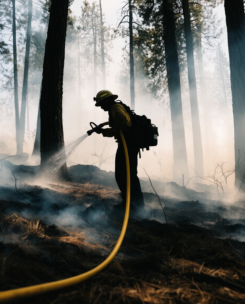 A silhouetted wildland firefighter sprays water on a smoldering forest floor amid thick white smoke. Wearing a wide-brimmed helmet and backpack, the figure grips a bright yellow hose snaking from the foreground. Hazy sunlight filters through tall dark pine trunks in this cinematic, low-angle documentary photograph.