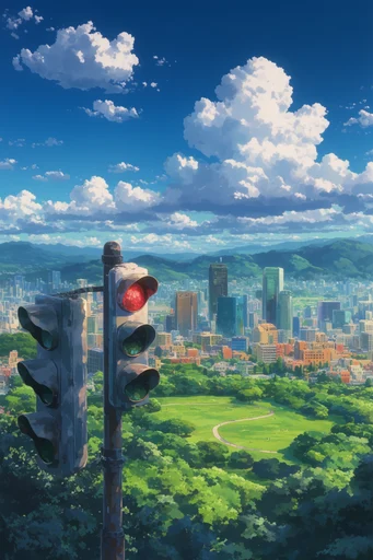 Ethereal Anime Vistas style reference image — towering cumulus clouds