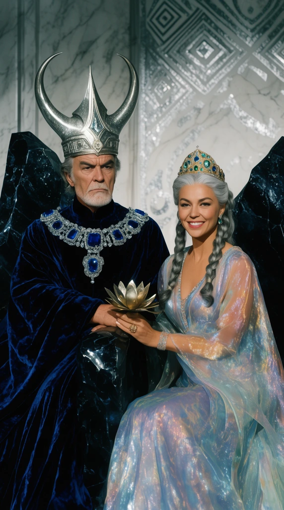 Two royal figures sit on obsidian thrones in a marble hall with silver geometric frescoes, captured in a vibrant mid-century cinematic style. The stern older king wears a towering silver horned headpiece, a heavy sapphire collar, and draped midnight-blue velvet robes. Beside him, a smiling queen with braided silver hair wears a jeweled diadem and a sheer iridescent gown, holding a metallic lotus flower. Saturated theatrical lighting emphasizes deep shadows and rich textures.